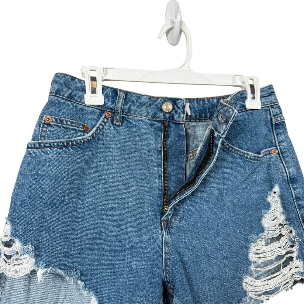 Topshop Denim Jean Shorts Womens 6 Blue Distressed Raw Hem 90s High Rise